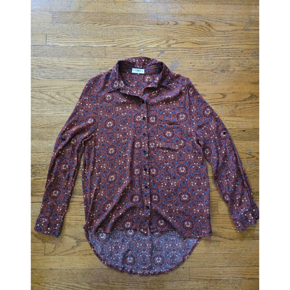 Natural Life Womens Rust Orange Floral Print Long Sleeve Button Up Blouse Medium